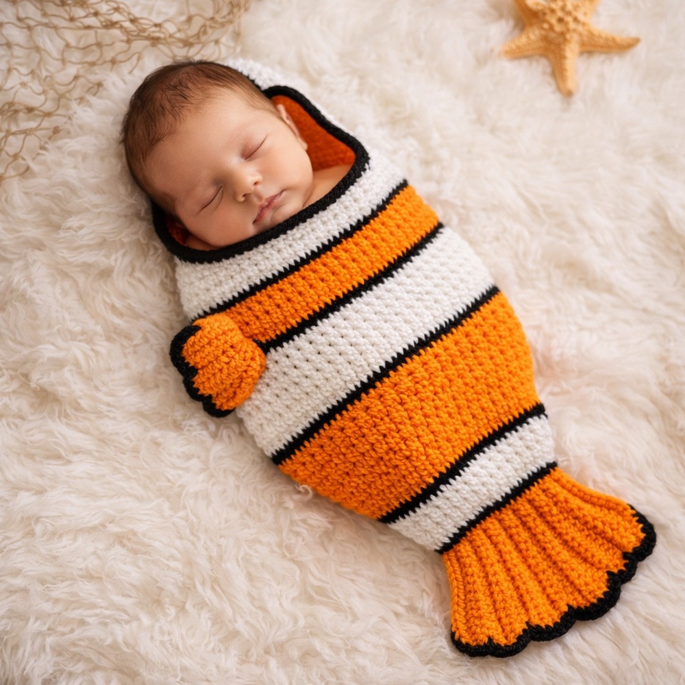 Newborn Clownfish Baby Cocoon Photo Prop Handmade Crochet Nemo Costume